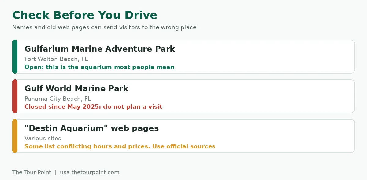 Check before you drive: Gulfarium is open, Gulf World Marine Park has closed, and some Destin aquarium web pages list conflicting details