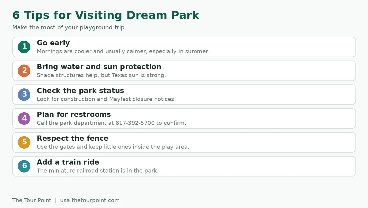 Checklist of six tips for visiting Dream Park, including going early, bringing water, checking park status and adding a train ride