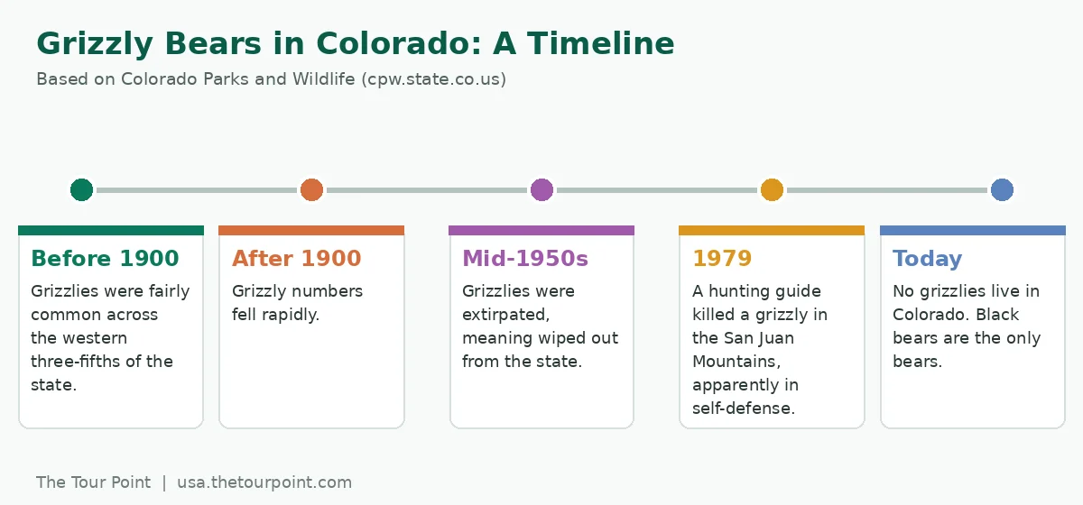 Timeline showing grizzly bears in Colorado from before 1900 to today, including the 1979 San Juan Mountains encounter