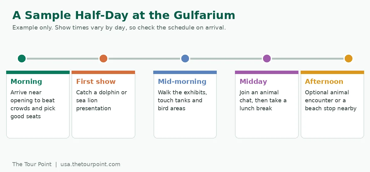 Sample half-day plan for the Gulfarium: arrive near opening, catch a show, explore exhibits, join an animal chat and finish with an optional encounter