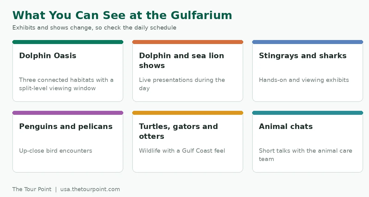 Six main attractions at the Gulfarium including Dolphin Oasis, shows, stingrays and sharks, penguins, turtles and animal chats