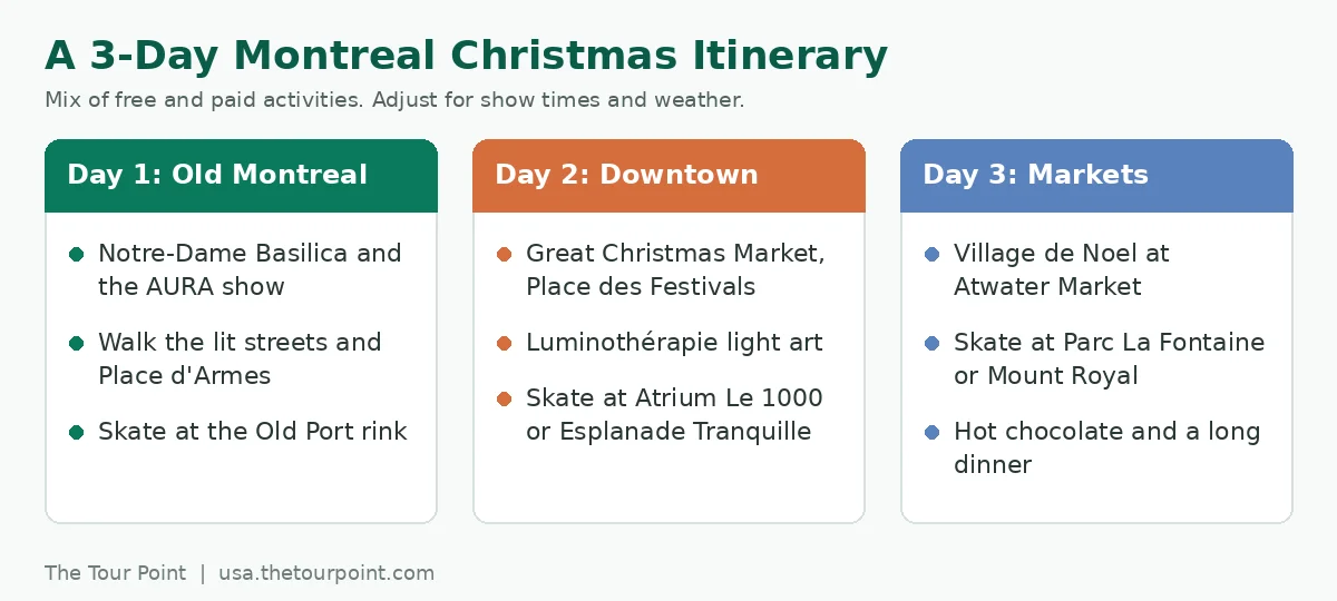 Three-day Montreal Christmas itinerary covering Old Montreal, downtown and markets