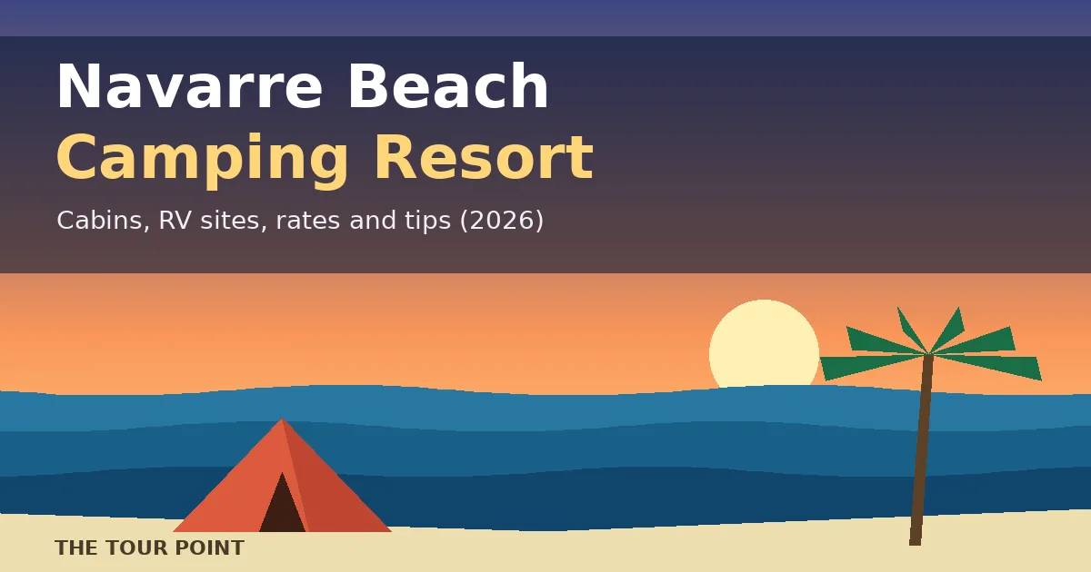 Illustrated sunset over the water with a tent and palm tree for a Navarre Beach Camping Resort guide