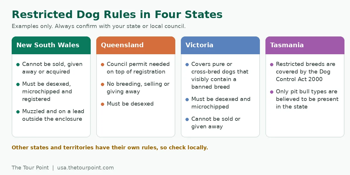 Summary of restricted dog rules in New South Wales, Queensland, Victoria and Tasmania